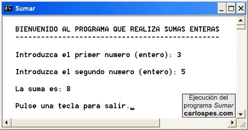 Salida por pantalla del programa sumar