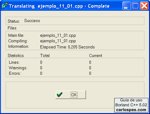 Resultado de la compilación en Borland C++ 5.02