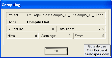 Resultado de la compilación en Borland C++ 5.02