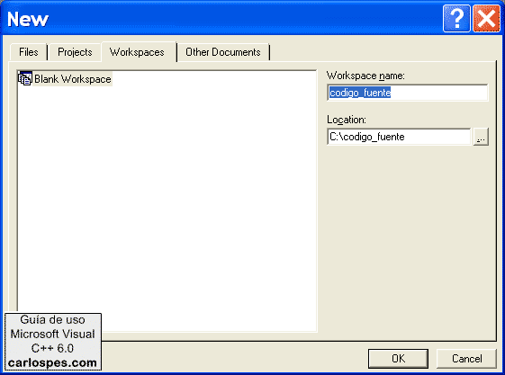 Introducir nombre Workspace en Microsoft Visual C++ 6.0