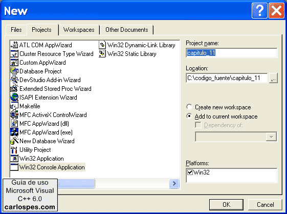 Configuración del proyecto en Microsoft Visual C++ 6.0