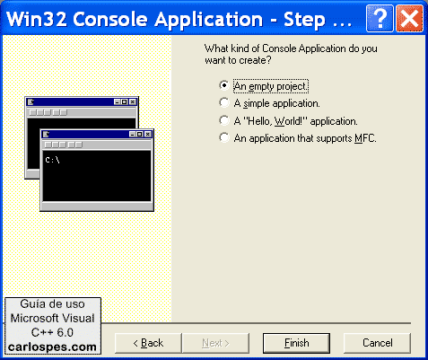 Seleccionar "empty project" en Microsoft Visual C++ 6.0