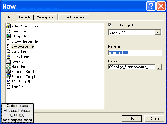 Configuración de archivo en Microsoft Visual C++ 6.0